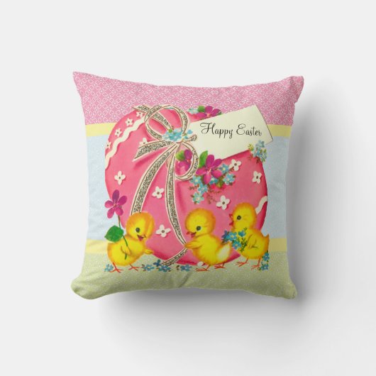 Coussin Poussins vintages et message rose de coutume (Recto)