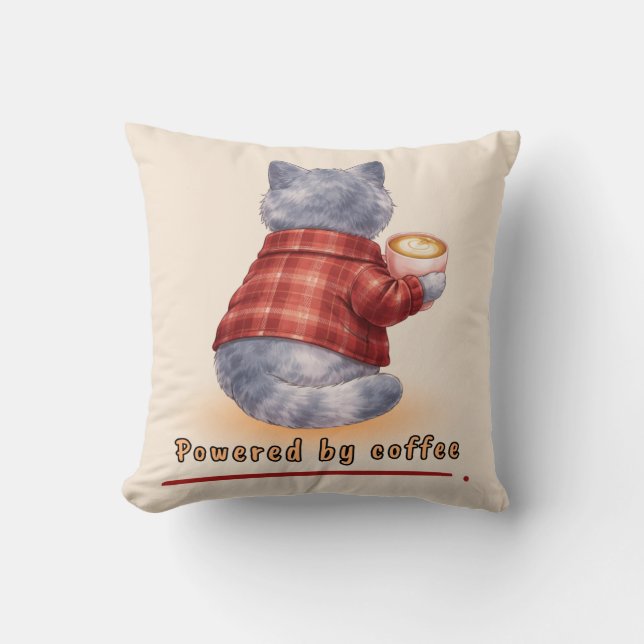 Coussin "Powered by Coffee" Cat Holding A Cup of Coffee (Recto)