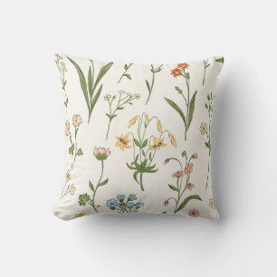 Coussin Prairie de fleurs sauvages rustique dessinée à la