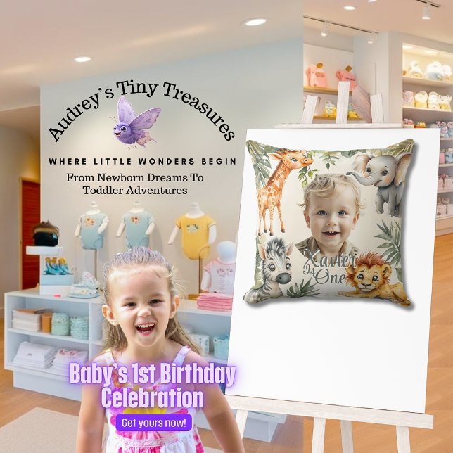 Coussin Premier anniversaire du garçon-Jungle Safari Jeu d (Créateur téléchargé)