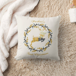 Coussin Premier cerf de Noël avec couronne jaune crème