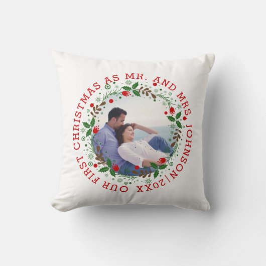 Coussin Premier Noël comme photo de couronne rouge de M. e (Recto)