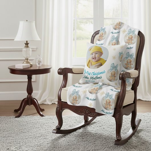 Coussin Premier Noël de bébé garçon Gingerbread Photo & No