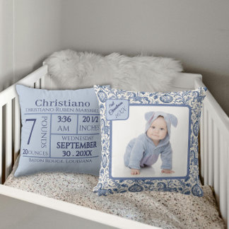 Coussin Premier Noël de bébé garçon Photo Toile Bleue