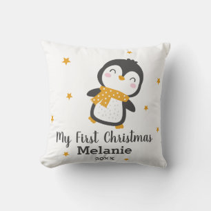 Coussin Premier Noël du bébé Pingouin mignon sur blanc