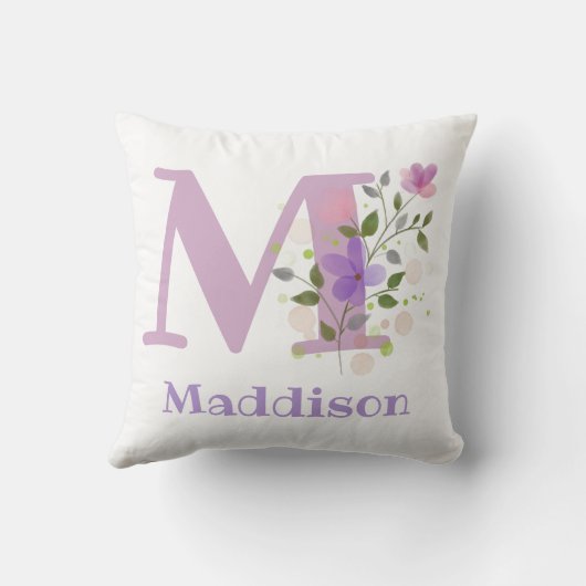 Coussin Premier nom initial plus avec fleurs (Verso)
