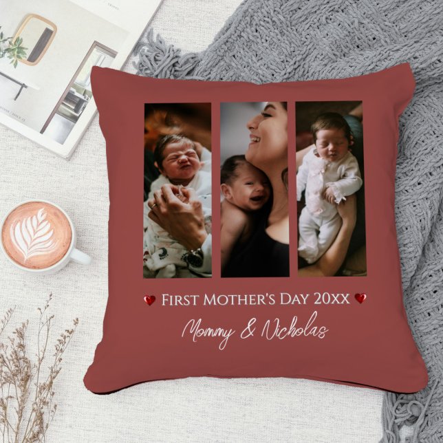 Coussin Première fête des mères Trois photos Collage en te (Terracotta First Mother's Day Three Photo Collage Throw Pillow)