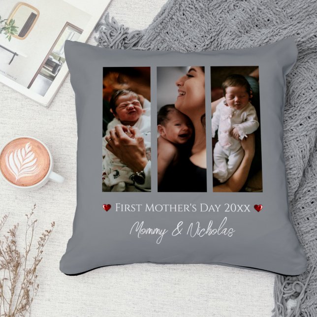 Coussin Première fête des mères Trois photos Collage | Gra (Gray First Mother's Day Three Photo Collage Throw Pillow)