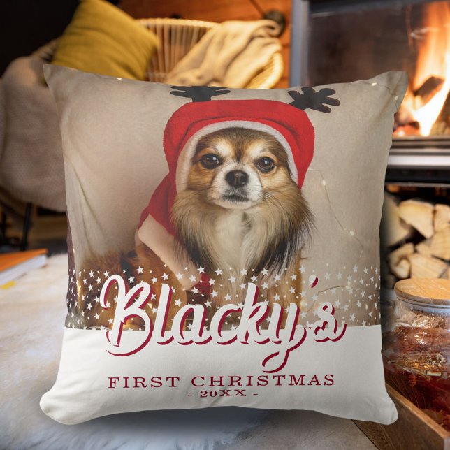 Coussin Première photo de chiot de Noël Étoiles blanches (Créateur téléchargé)