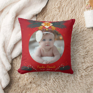 Coussin Première photo de Noël de bébé et prénom