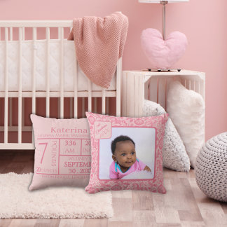 Coussin Première photo de Noël de bébé fille Toile rose