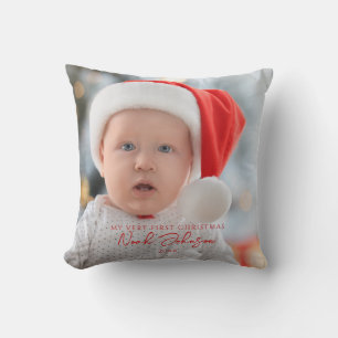 Coussin Première photo de Noël du bébé mignon blanc