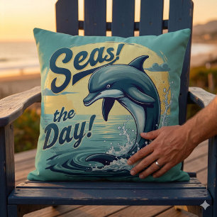 Coussin Prenez la mer Rétro dauphin esthétique océanique