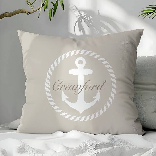 Coussin Préparation Beige & Blanc Ancre Nautique Monogramm (Créateur téléchargé)