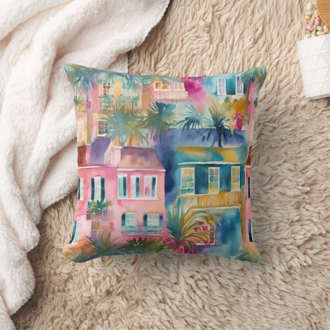 Coussin Preppy Aquarelle Charleston Maisons (Couverture)