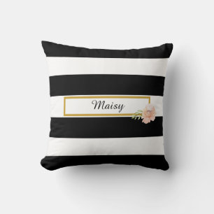 Coussin Preppy Black and White Stripe Gold Floral