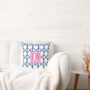 Coussin Preppy Blue Trellis Bamboo Motif Monogramme
