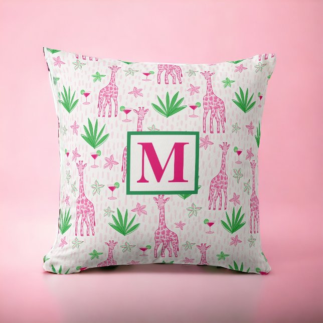 Coussin Preppy Giraffes Cosmopolitans Monogramme rose (Créateur téléchargé)