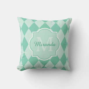 Coussin Preppy Mint Green Jacquard Girly Monogramme et nom