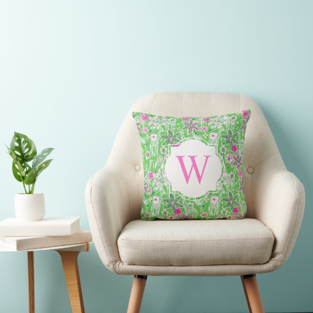 Coussin Preppy Palm Beach rose et vert Giraffes Monogramme (Chaise)