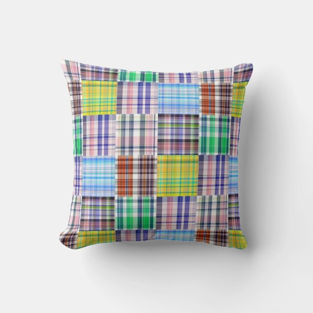 Coussin Preppy Patchwork Madras Plaid Pattern (Recto)