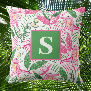 Coussin Préppy Rose Crocodile Monogrammé / Feuilles de Pal