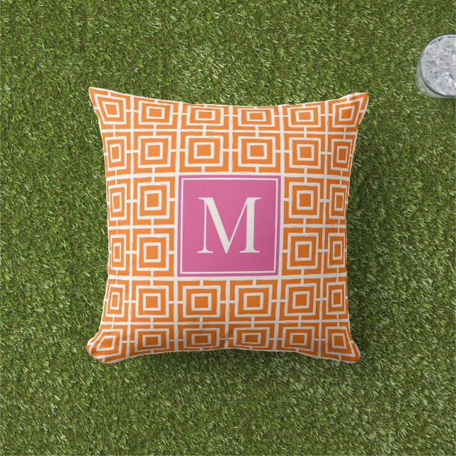 Coussin Preppy Square Lattice Monogram Hot Pink & Orange (Herbe)