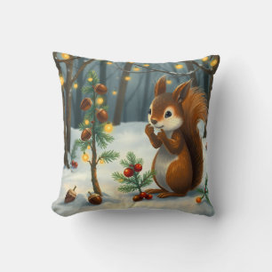 Coussin Prêt pour Noël avec l'écureuil roux dans les bois