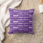 Coussin Pretty Purple Customizable Name Collage<br><div class="desc">A pretty purple personalized throw pillow gift decorated in nine different fonts spelling your name in white. Cute customizable present with fun typography.</div>