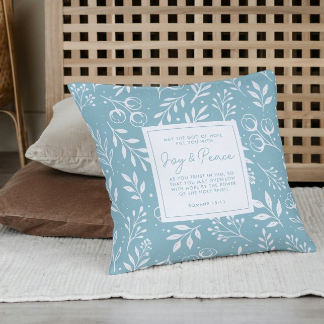 Coussin Prière Keepsaké Cadeau Écriture Dusty Blue Floral (Comfort gift pillow with Bible verse back & editable prayer poem front.)