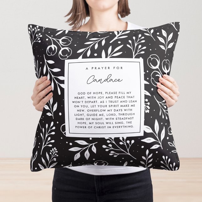 Coussin Prière Keepsaké Cadeau Écriture Florale Noire (Custom Christian pillow with your name & editable prayer poem design.)