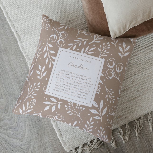 Coussin Prière Keepsaké Cadeau Écriture Tan Floral (Personalized prayer pillow with editable poem + scripture verse on back.)