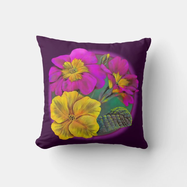 Coussin Primula violet jaune & rose fine art jeter oreille (Recto)