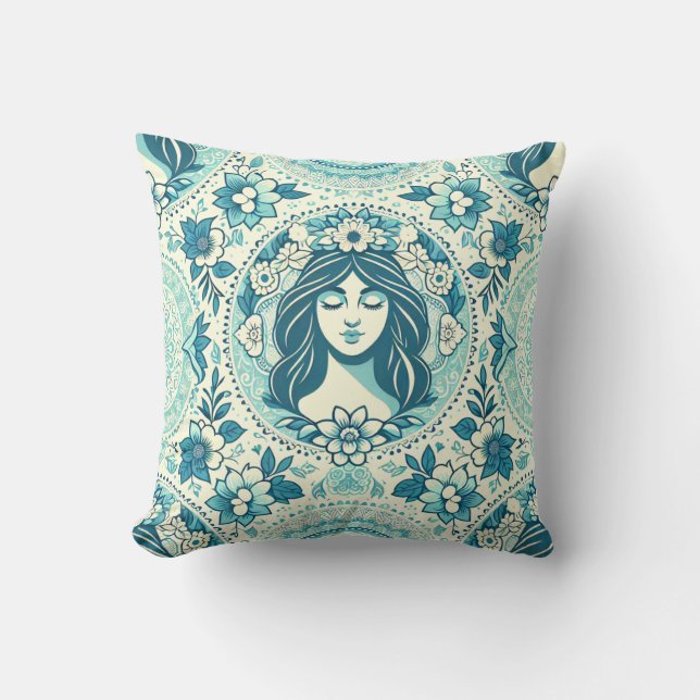 Coussin Princesse Bleu Vert avec Fleurs (Recto)