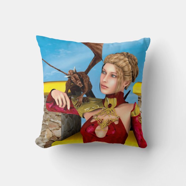 Coussin Princesse Dragon Fantastique Art Numérique (Recto)
