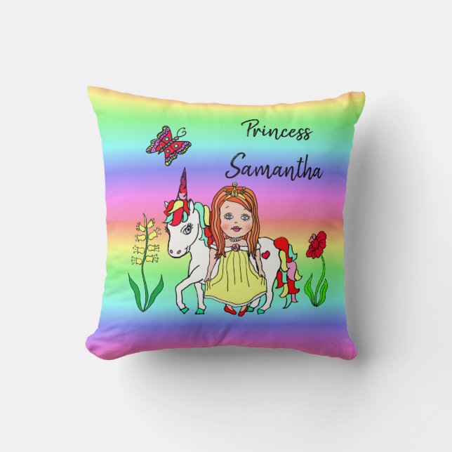 Coussin Princesse personnalisée et Unicorne Rainbow Girl (Recto)