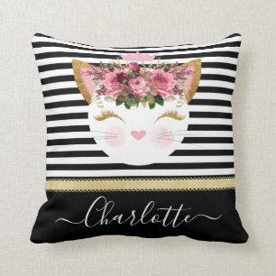 Coussin princesse rose en or kitty noir blanc lignes 