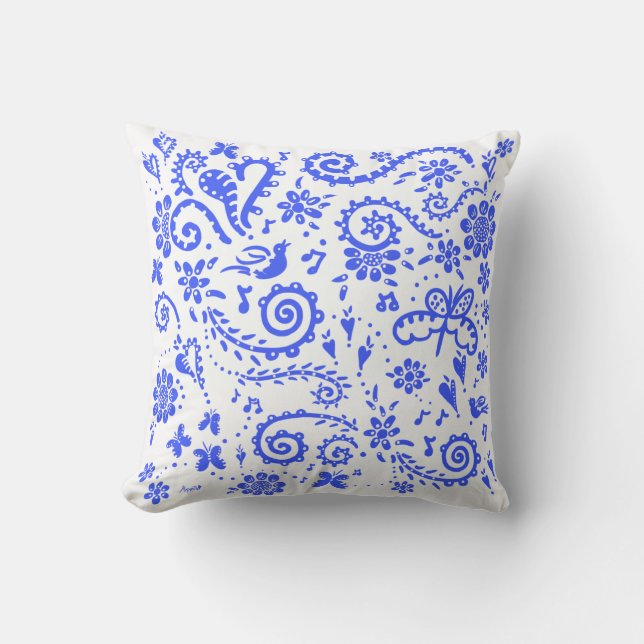 Coussin printemps en bleu et blanc (Recto)