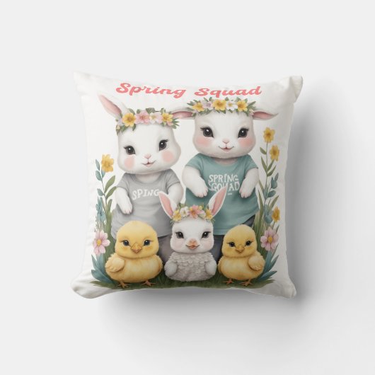 Coussin Printemps Équipe Mignon Lapin & Poussin Pâques (Recto)