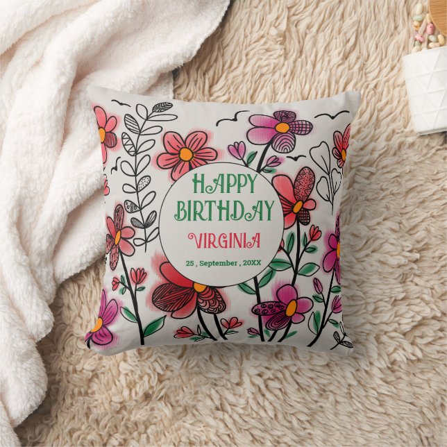 COUSSIN PRINTEMPS UNIQUE ROUGE DOODLE FLEURS ANNIVERSAIRE (Couverture)