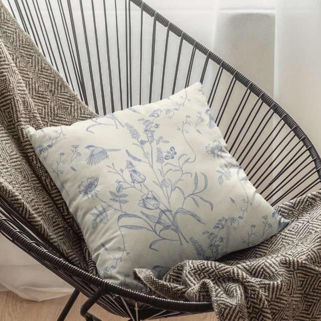 Coussin Printemps vintage Bleu Botanique (Créateur téléchargé)