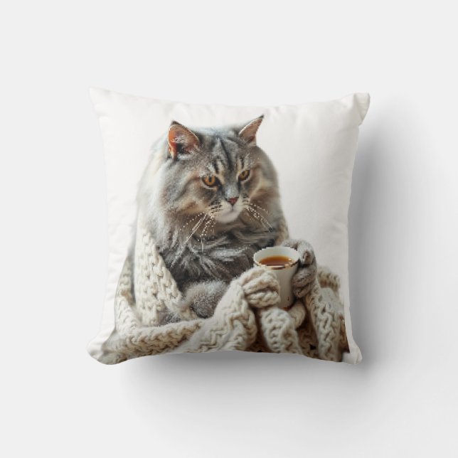 Coussin Profitez du thé d'hiver de chat (Recto)