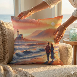 Coussin Promenade au phare du coucher de soleil côtier rom