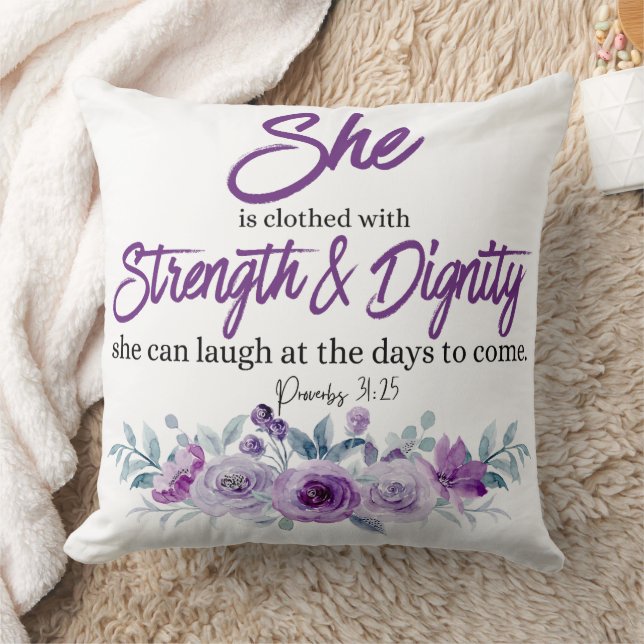 Coussin Proverbes 31:25 Force et Dignité Fleur pourpre (Couverture)