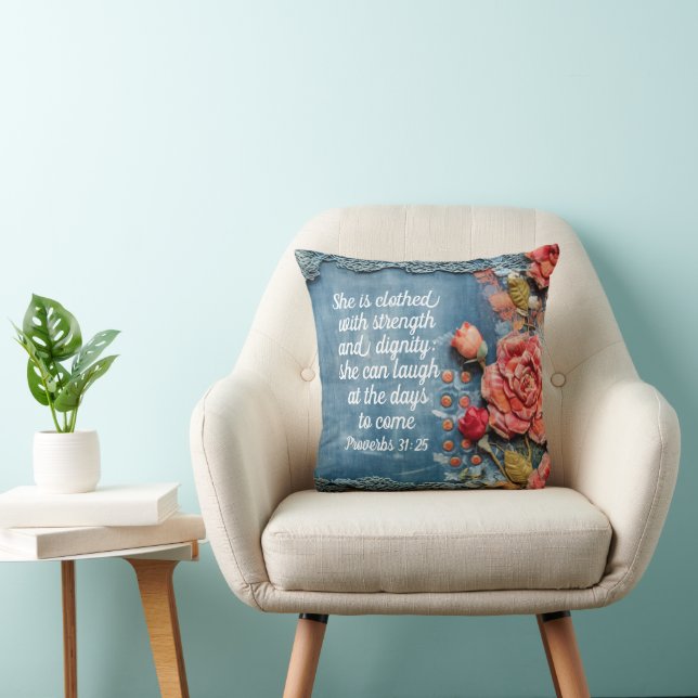 Coussin Proverbs 31:25 Throw Pillow Inspiring Bible Verse (Chaise)