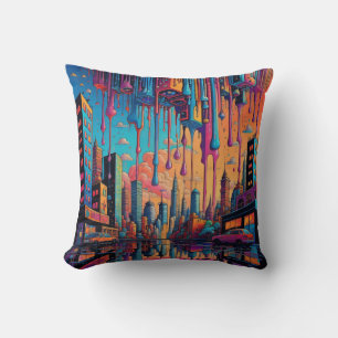 Coussin Psychédélique Bleu Orange Ville Sèche