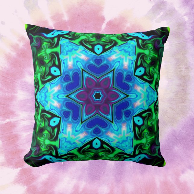 Coussin Psychédélique Mandala Fleur bleu pourpre et vert (Créateur téléchargé)