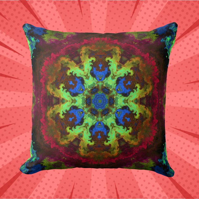 Coussin Psychédélique Mandala Fleur Vert Bleu et Rouge (Créateur téléchargé)