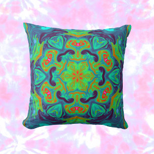 Coussin Psychédélique Mandala Fleur Vert Bleu et Rouge