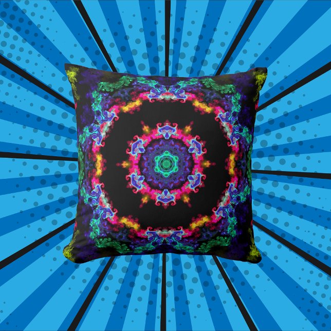 Coussin Psychédélique Mandala Flower bleu vert et jaune (Créateur téléchargé)